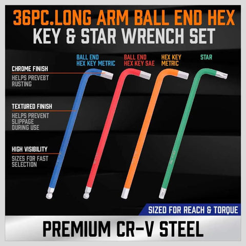 36-piece long arm ball end hex key and star wrench set in chrome vanadium steel, showcasing high visibility colors and textured finish.