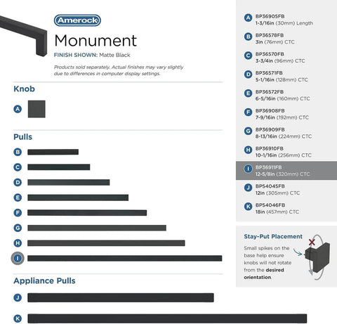 Chart showing sizes of cabinet hardware from Amerock Monument Collection in matte black, including BP36911FB.