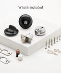 Parts of the Smallest Smart Lock With Built-In Matter And Thread, Bluetooth, And Total Home Ecosystem Compatibility, matte black finish.