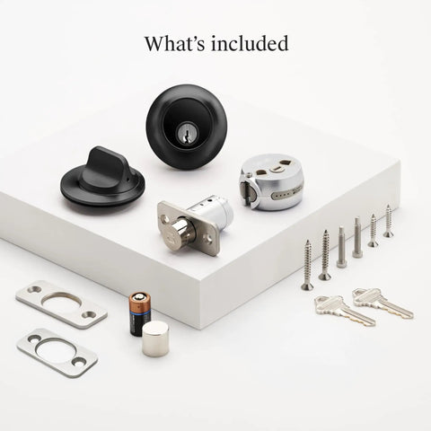 Parts of the Smallest Smart Lock With Built-In Matter And Thread, Bluetooth, And Total Home Ecosystem Compatibility, matte black finish.