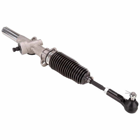 Steering Gear Box Assembly For EZGO TXT Golf Cart Gas And Electric 36V And 48V Fits Freedom Fleet Valor 2001 And Up Includes Rack Ball Joint OEM 70964-G01 70964-G02 70695-G01 seen from a side angle showing rod and ball joint connection.