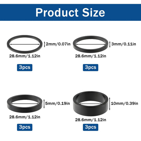 Twelve Piece Aluminum Alloy Bike Stem Spacers Set For One And One Eighth Inch Headset Spacers Four Sizes 2mm 3mm 5mm 10mm