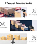 Wireless Barcode Scanner With Bluetooth 2 4G 3 In 1 1D 2D QR Code Reader showing manual, continuous, and auto-sensing scanning modes