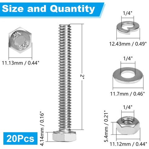 Beefy 20 Sets Heavy Duty Stainless Steel 1/4-20 X 2 Hex Head Screws Bolts Set With Nuts Flat Washers And Spring Lock Washers