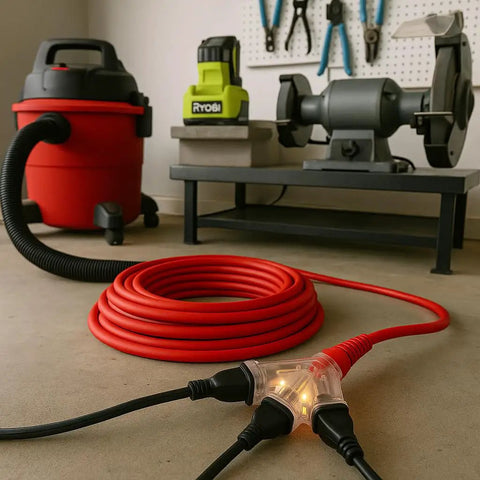 Heavy Duty 200 Ft Extension Cord 12 Gauge Indoor Outdoor With Lighted End And Three Outlets seen in a workshop setting.