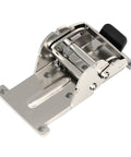 Close-up of industrial locking hinge folding leg bracket, stainless steel, 180-degree fold for workbenches