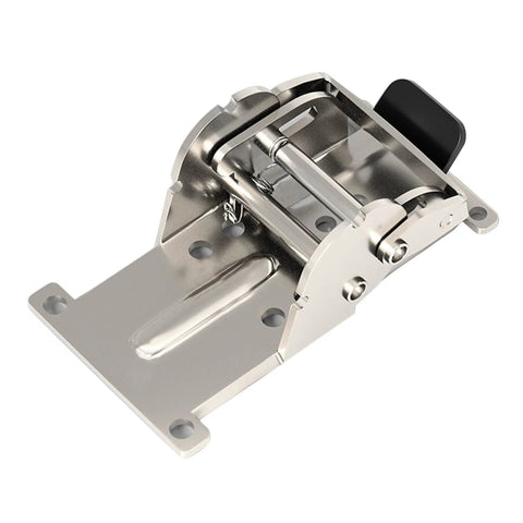 Close-up of industrial locking hinge folding leg bracket, stainless steel, 180-degree fold for workbenches