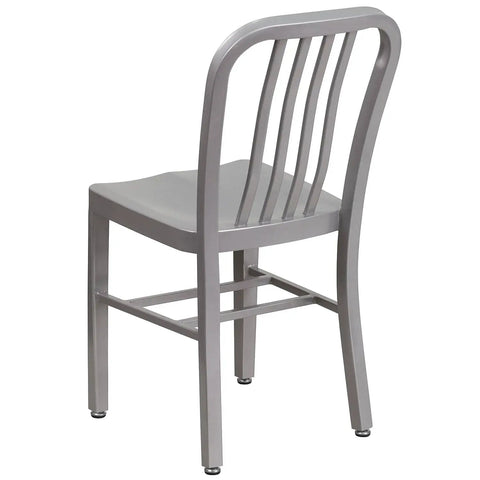 Back view of Gael Indoor Outdoor Modern Metal Dining Chairs Set of 2 For Restaurants and Homes, sleek silver finish, steel frame