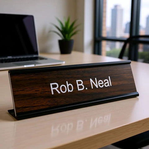 Laser Engraved Personalized Office Name Plate With Wall And Desk Holder 2x8 Inches Customizable Name Tag on office desk