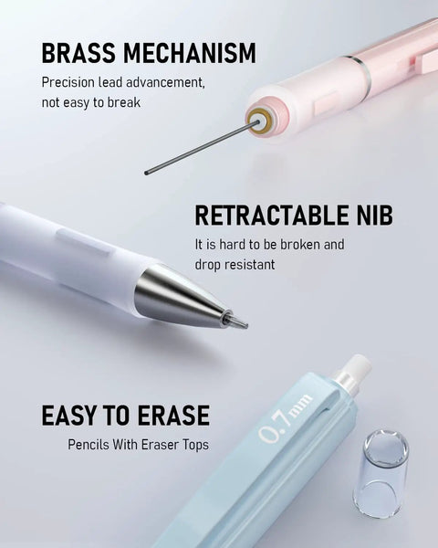Close-up of Cute 0.7mm Mechanical Pencil Set showing brass mechanism, retractable nib, and eraser tips, perfect for school use.
