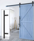 Heavy Duty 22 Inch Extra Long Pull Barn Door Handle Set in Frosted Black Finish installed on a blue sliding door