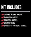 Brushless 12V Ratchet Wrench Kit With 2Ah Battery And PWR Jump Charger, Three Eighths Inch Drive, Kit Contents List