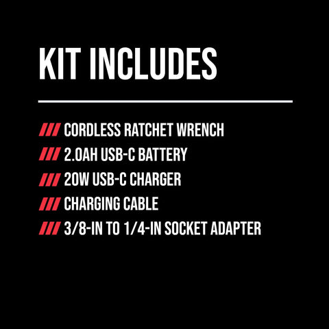 Kit includes Built-In-Tough Brushless Cordless Ratchet Wrench Set features 2.0Ah USB-C battery and 20W wall charger.