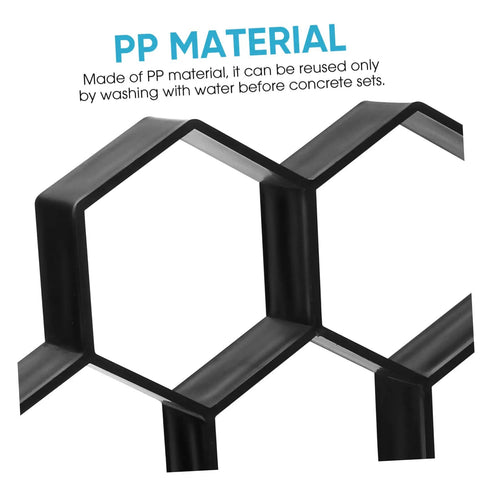 Close-up of hexagon concrete paver mold showing PP material for DIY gardens and patios, size 11.41 x 11.02 x 1.69 in.