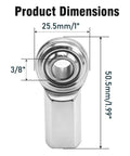 Heavy Duty 3/8 Inch Bore Rod End Bearings With Right Handed Female Thread And Jam Nuts Built Like A Tank For Hydraulic Auto Machinery Rock Solid Wear Resistant Steel Construction 2 Pack dimensions illustration showing 3/8" bore and size measurements.