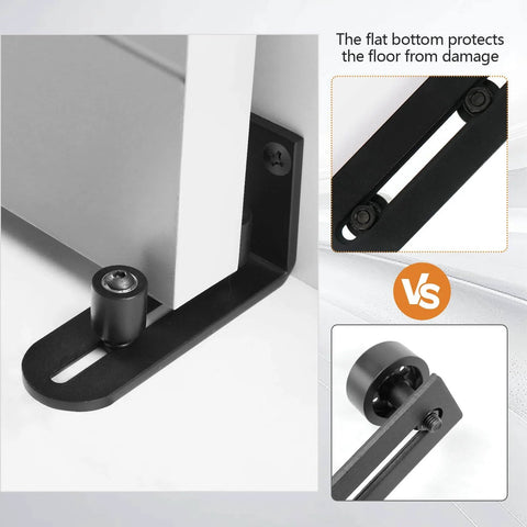 Matte Black Barn Door Floor Guide With Flush Bottom Design, Adjustable Wall Mounted Roller, Rust Resistant Iron, 1 Pack in use