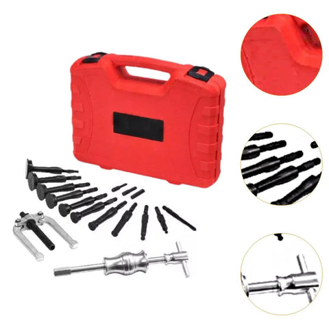 Hardened Steel Blind Inner Bearing Puller 16 Pc Kit Sliding Hammer Screw Adapters For Parts Heavy Duty Handles Jobs Like A Pro Grab Badass Extraction Set Remove Bearings Fast No Damage Keep Rides Rolling Smooth When You Hit Tight Spots During Work, red case with tools