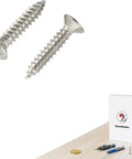 Pro Grade Heavy Duty Wood Screws In A Rock Solid 120 Piece Pack Of Rustproof 304 Stainless Steel Flat Head Phillips Fasteners shown on wood surface.