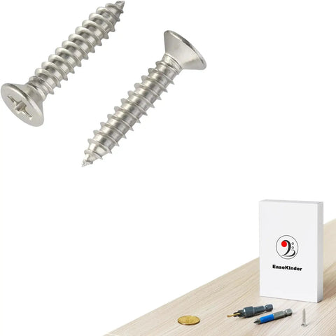 Pro Grade Heavy Duty Wood Screws In A Rock Solid 120 Piece Pack Of Rustproof 304 Stainless Steel Flat Head Phillips Fasteners shown on wood surface.