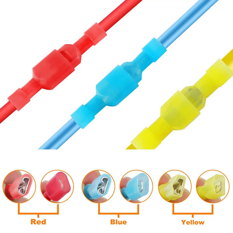 112 Piece Nylon Spade Connector Kit With Quick Disconnects, Color Coded 22 to 18 AWG, 16 to 14 AWG, And 12 to 10 AWG, showing red, blue, yellow connectors.