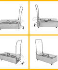 Professional Commercial Deep Fryer Oil Filtration System Cart With Heavy Duty Stainless Steel Machine and Powerful Pump, side view.