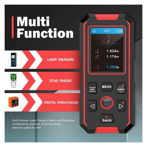 Total Slamdunk 3 In 1 Stud Finder Wall Scanner showing multi-function features and laser measurement mode on LCD screen.