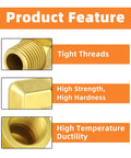 Product feature highlights for Five Pack 90 Degree Brass Pipe Elbows, 1/4 Inch NPT Male To 1/4 Inch NPT Female Fittings emphasizing tight threads and durability