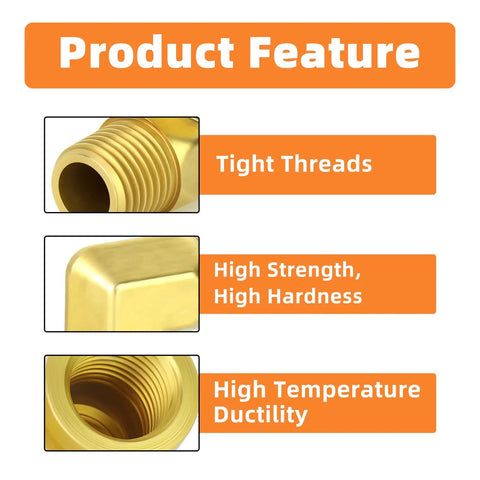 Product feature highlights for Five Pack 90 Degree Brass Pipe Elbows, 1/4 Inch NPT Male To 1/4 Inch NPT Female Fittings emphasizing tight threads and durability