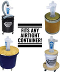 Total Game Changer DIY Cyclone Separator Kit For Wet And Dry Shop Vacs With Universal Adapter Set mounted on various airtight containers.