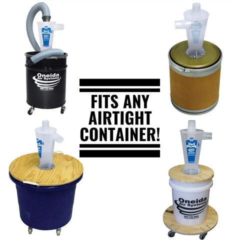 Total Game Changer DIY Cyclone Separator Kit For Wet And Dry Shop Vacs With Universal Adapter Set mounted on various airtight containers.