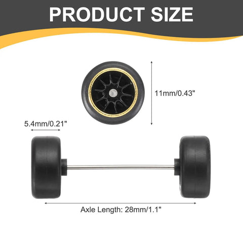Four Pack 1/64 Scale Wheels And Tires Set With Real Riders Rims Axles Included For RC Diecast Cars; product size dimensions displayed.