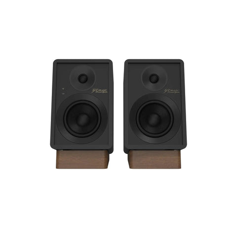 GX30ARC Powered Speakers With USB C, Optical, Line Phono, HDMI ARC And Bluetooth 5.3 LE Audio, front view on wooden stands