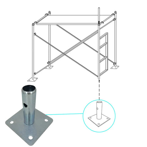 Four Pack Galvanized Scaffold Base Plates With Pins For Baker Style Scaffolding, Heavy Duty Stabilizers That Prevent Shake, 4 3 Fifths Inch Square Base, Stem OD 1 3 Eighth Inch, Stem Length 5 Inch, Fits Tubes Inside Diameter Over 1 3 Eighth Inch; galvanized base plate detail