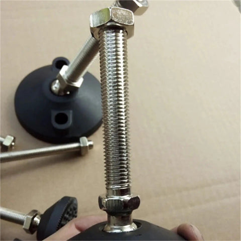 Rock Solid Adjustable Table Legs With Swivel Base And Thick Nylon Pads detail showing metal rod and rubber pad for stability.