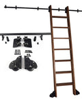 Hella Solid Sliding Ladder Hardware Kit With 3.3 Ft To 20 Ft Round Track And Smooth Gliding Floor Roller Wheels parts and wooden ladder.