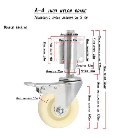 Slick Glide 4 Inch Retractable Factory Door Caster Nylon Spring Shock Absorbing Wheel With Telescopic 30 Mm Stem shown with measurements.