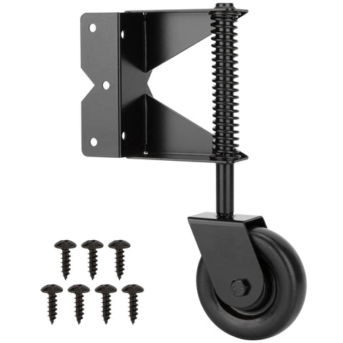 Spring Loaded Gate Caster For Wooden Gates And PVC Fences With 4 Inch Wheel, Heavy Duty, Black, showing screws and mounting plate