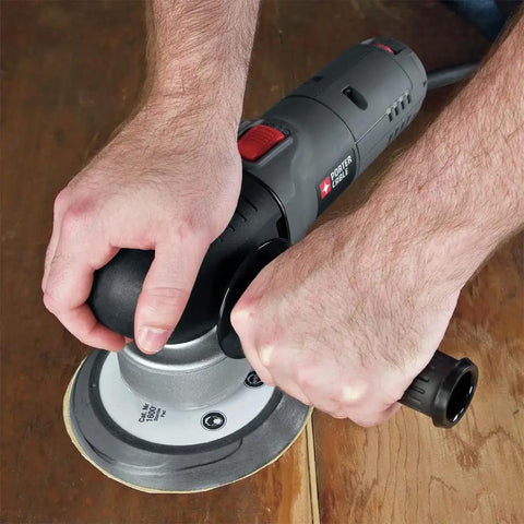 Using Powerful 4.5 Amp 6 Inch Orbital Sander And Polisher With Variable Speed 2,500 To 6,800 OPM Corded For Swirl Free Sanding on wood surface
