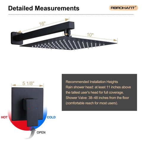 Matte Black Shower Faucet Set With Rain Shower Head And Handle, Wall Mounted Shower Trim Kit With Solid Brass Rough-In Valve, 10-In Square Rain Head, 16-In Shower Arm, Zinc Alloy Handle, Easy Install Home Spa Upgrade showing detailed measurements.