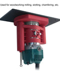 Amp Up Your Bench Work With Knockout 46 Mm Manual Router Lift Kit featuring a red lift with router motor for precise woodworking tasks.