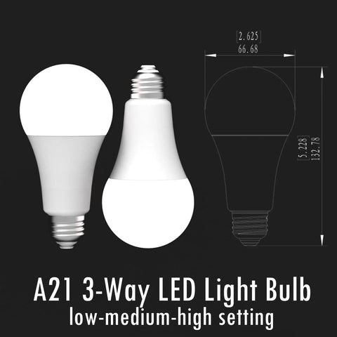 Diagram of A21 LED Three Way Light Bulb With Low Medium High Settings, showing dimensions and bulb shape