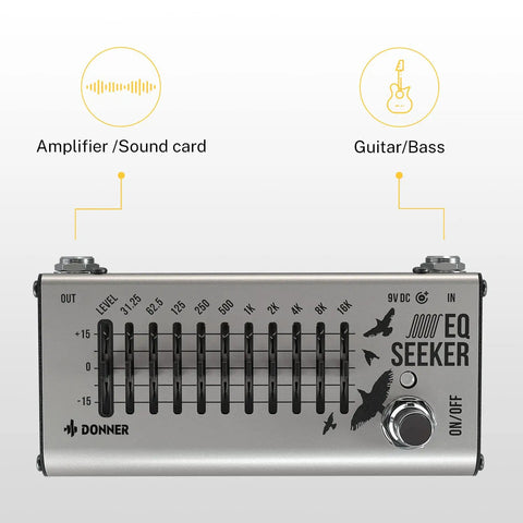 Front view of 10 Band Graphic EQ Pedal For Guitar And Bass True Bypass Design Compact EQ Seeker with sliders for precise tone shaping.