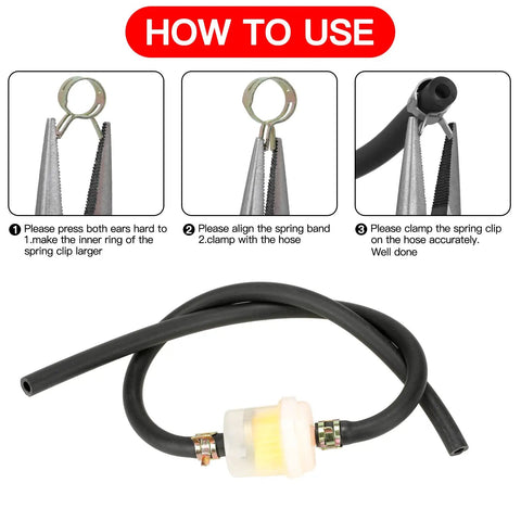 Installation guide for Dirt Bike Gas Line With Filter For GY6 50cc 70cc 90cc 110cc 125cc 150cc Engines showing clamps and hose