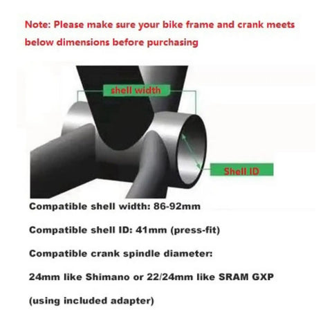 Diagram showing dimensions for BB86 and BB92 Press Fit Bottom Bracket with specifications for compatible shell and crank sizes.