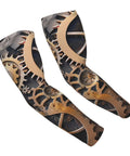 Lock In Your Cool Vibe With These Dope Steampunk Mechanical Gears Arm Sleeves showcasing brown gear pattern, lightweight fabric for sun protection.