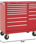 Boss Level Rolling Tool Chest Featuring Fifteen Smooth Sliding Drawers For Serious Garage And Job Site Storage Heavy Duty No Frills Tool Organizer Cabinet Thirty Nine Inches Tall Bold Red, side view with dimensions.