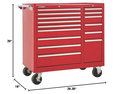 Boss Level Rolling Tool Chest Featuring Fifteen Smooth Sliding Drawers For Serious Garage And Job Site Storage Heavy Duty No Frills Tool Organizer Cabinet Thirty Nine Inches Tall Bold Red, side view with dimensions.