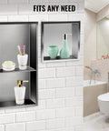304 Stainless Steel Shower Niche 12 By 24 By 4 Inches Wall Inset Recessed Shelf in bathroom with toiletries
