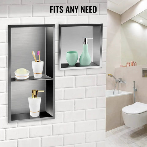 304 Stainless Steel Shower Niche 12 By 24 By 4 Inches Wall Inset Recessed Shelf in bathroom with toiletries