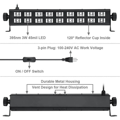 Kickin Black Light Bar For Parties And Neon Decor 54W 395nm UV LED Blacklight 120 Degree Beam with switch and metal housing